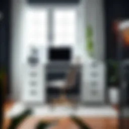 Elegant tall white desk with drawers in a modern home office setting