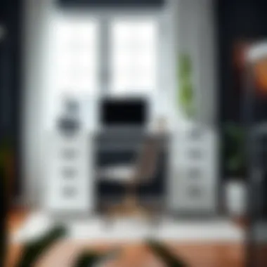 Elegant tall white desk with drawers in a modern home office setting