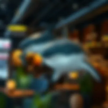 Unique commercial space adorned with oversized stuffed sharks creating an engaging atmosphere