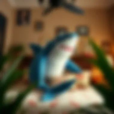 A cozy bedroom featuring a big stuffed shark adding a playful touch to the decor