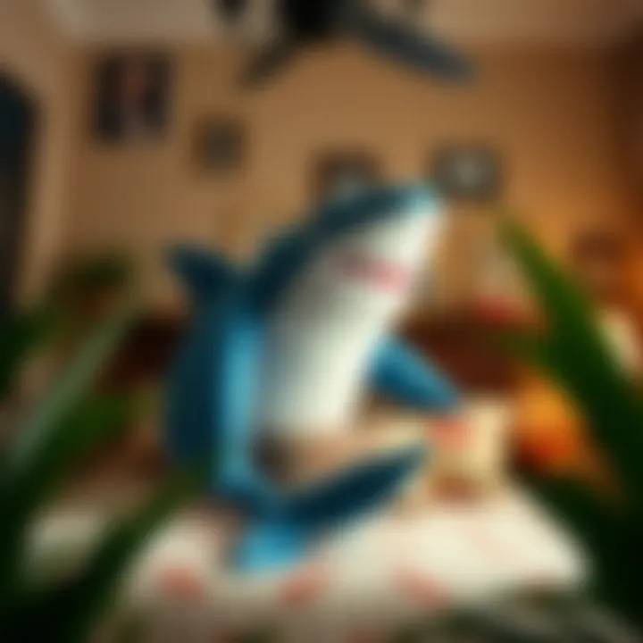A cozy bedroom featuring a big stuffed shark adding a playful touch to the decor