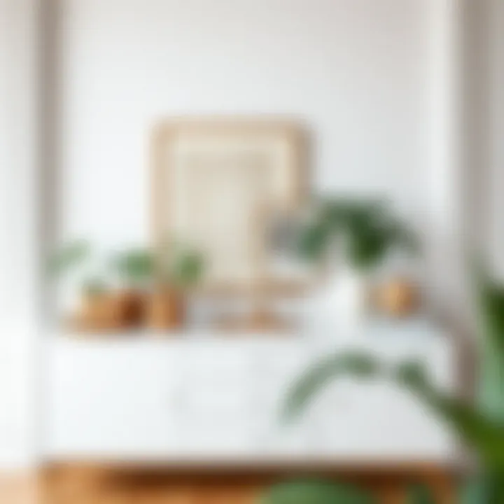 Elegant narrow white dresser styled with decorative accents and plants