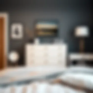 Narrow white dresser in a modern bedroom setting