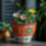 A beautifully woven flower pot showcasing intricate patterns and vibrant colors.