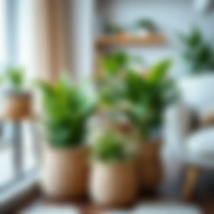 Stylish Indoor Setting with Woven Flower Pots A stylish indoor setting featuring woven flower pots with various plants.
