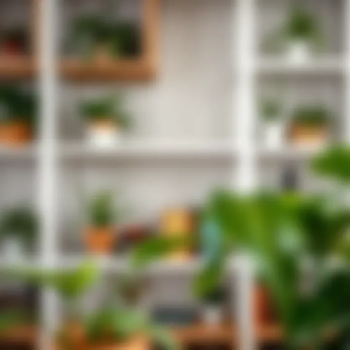 Artfully arranged decorative shelves showcasing a variety of plants and books