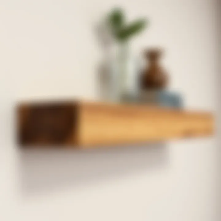Close-up of a modern wall shelf made from reclaimed wood