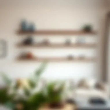 A minimalist living room featuring sleek hanging shelves with accent decor