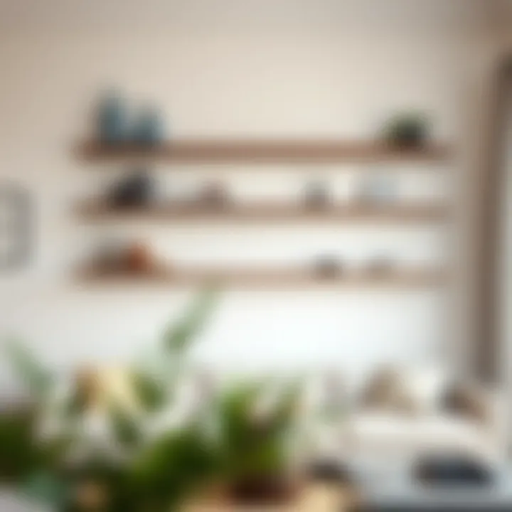 A minimalist living room featuring sleek hanging shelves with accent decor