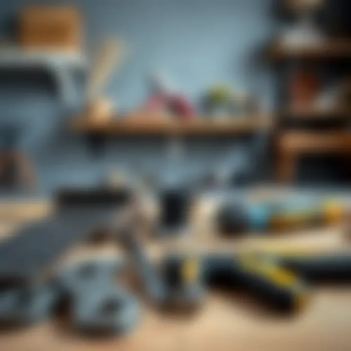 Installation of decorative shelves with tools and brackets laid out