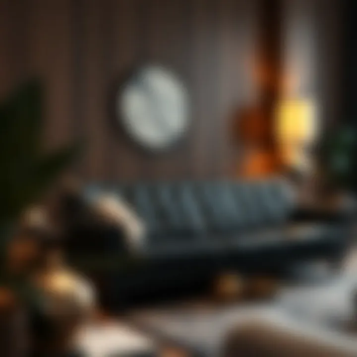 Cozy black leather sofa with a warm ambiance