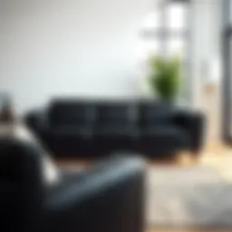 Elegant black leather sofa in a modern living room setting