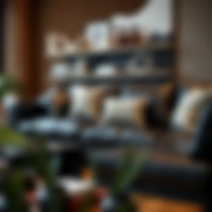 Stylish black leather sectional sofa with decorative pillows