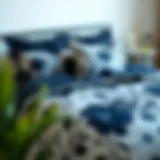Elegant dark blue floral duvet cover on a cozy bed Dark blue floral duvet cover beautifully arranged on a bed