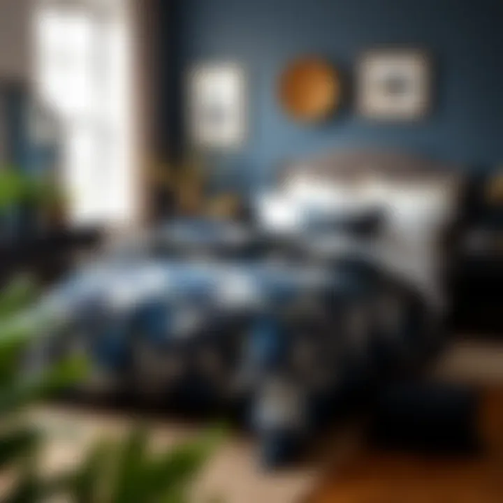 Stylish bedroom showcasing dark blue floral duvet cover Stylish bedroom featuring dark blue floral duvet cover with complementary decor