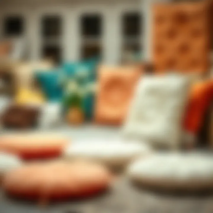 An elegant display of different styles of flower floor cushions arranged to inspire interior design choices.