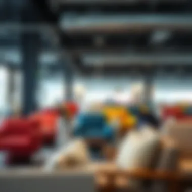 A variety of fabric options for sofa chairs displayed in a showroom