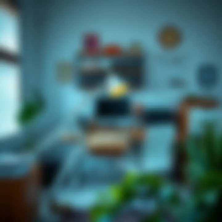 Organized Workspace with Vintage Desk A well-organized workspace featuring a vintage desk with ergonomic design