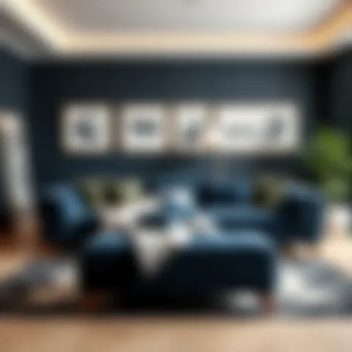 Elegant navy sofa set in a modern living room setting