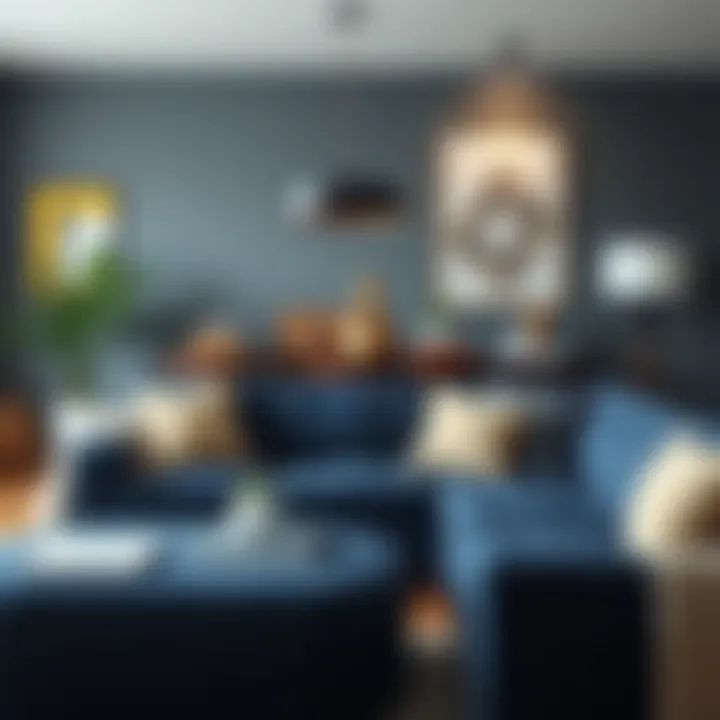 Navy sofa integrated with neutral decor elements