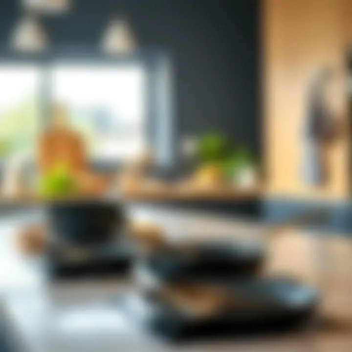 An array of saute frying pans in contemporary kitchen design, showcasing their aesthetic appeal.