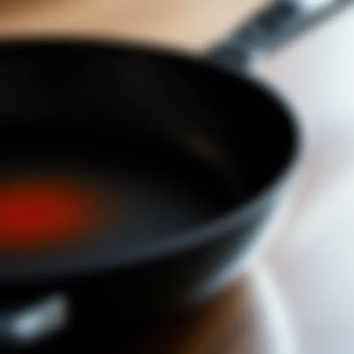 A close-up view of the saute frying pan's surface highlighting its non-stick feature.
