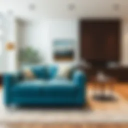 Elegant sky blue couch in a modern living room setting