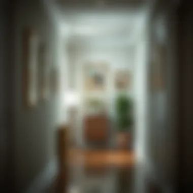 Charming Hallway with Family Portraits in Square Frames An elegant hallway adorned with square wall frames featuring family photographs