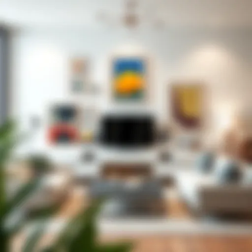 A modern living room showcasing an arrangement of square wall frames with vibrant artwork