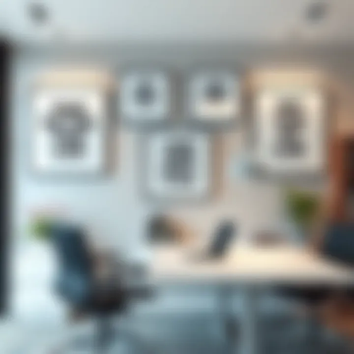 Inspiring Office Decor Featuring Square Framed Quotes A stylish office space decorated with square wall frames containing motivational quotes