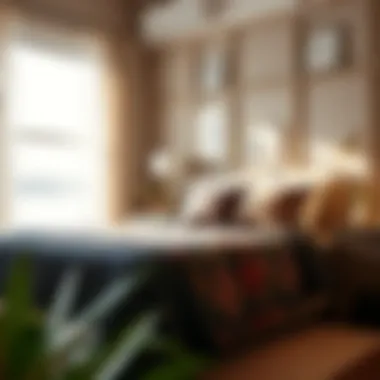 Stylish train bedspread in a modern bedroom interior setting