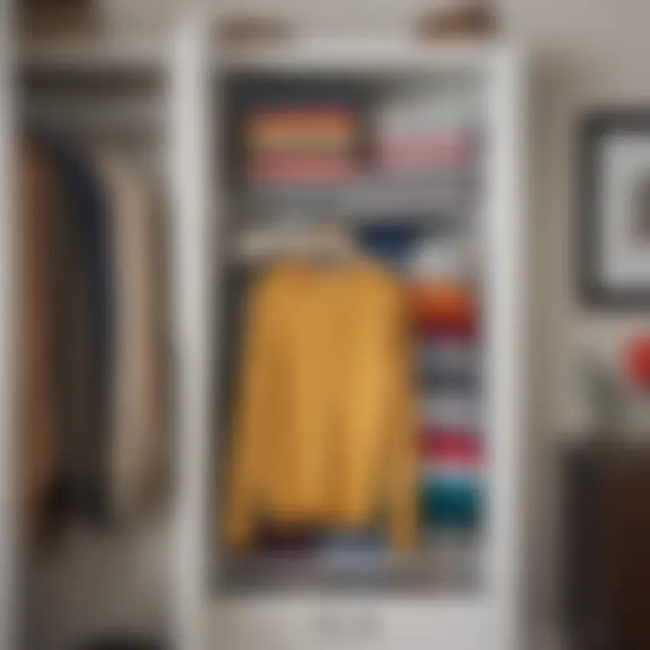 Organized sweaters in a three compartment hanging organizer showcasing color coordination