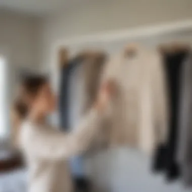 Person installing a three compartment hanging sweater organizer in a bedroom