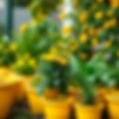 Vibrant yellow plastic flower pots arranged in a garden setting