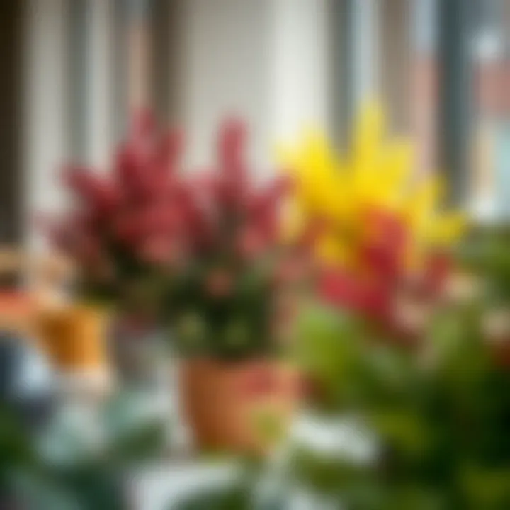 Faux Evergreens in Decorative Pots Vibrant faux evergreen shrubs placed in various decorative pots