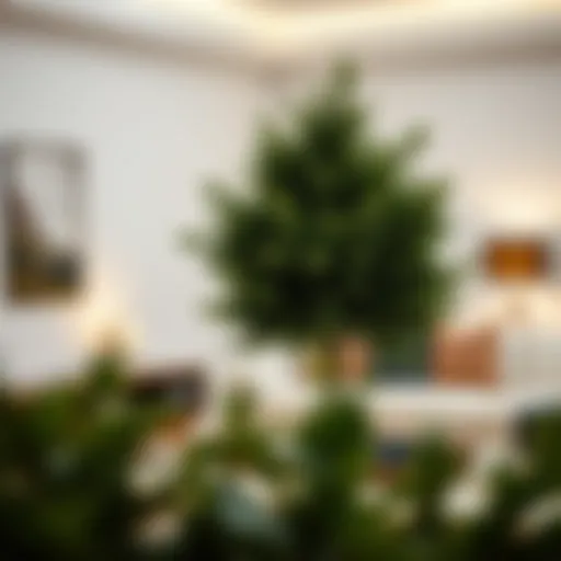 Luxurious faux evergreen shrub arrangement in a contemporary living room setting