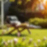 Stylish fold up lawn lounger in a serene garden setting