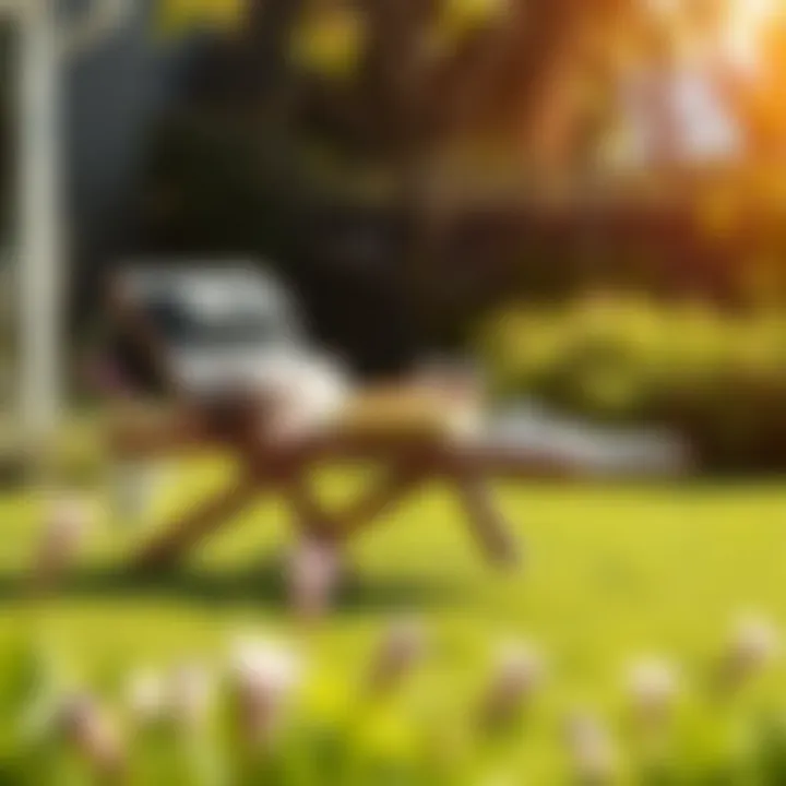 Stylish fold up lawn lounger in a serene garden setting