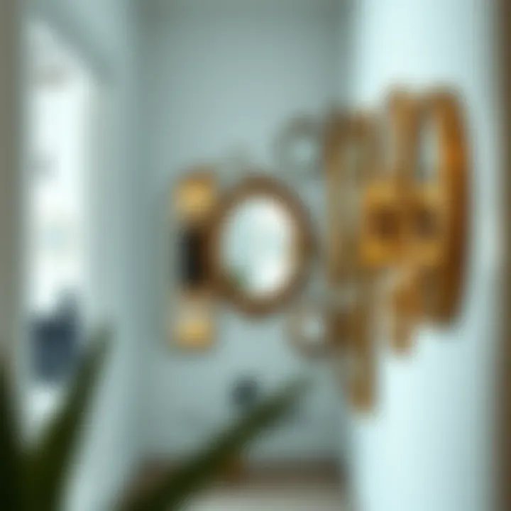 Artistic Mirror Arrangement for Visual Depth An artistic arrangement of mirrors on a hallway wall creating depth and visual interest.