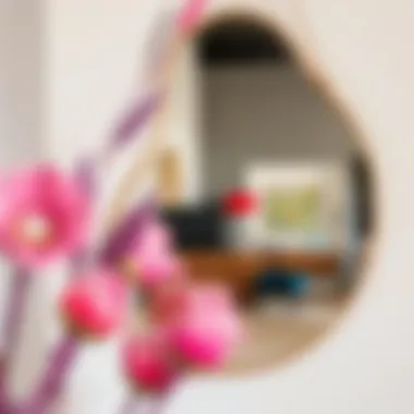 Unique Shaped Mirror with Colorful Accents Close-up of a uniquely shaped mirror with colorful accents reflecting stylish hallway decor.