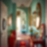 A vibrant, eclectic hallway showcasing a variety of funky mirrors in different shapes and sizes.