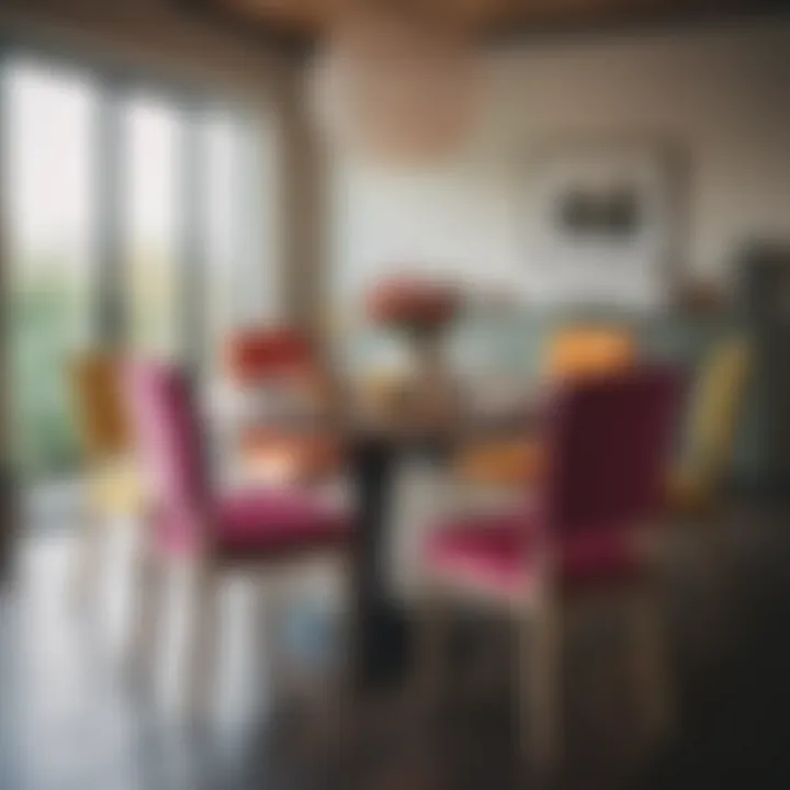 Colorful dining chairs arranged around a vibrant table setting