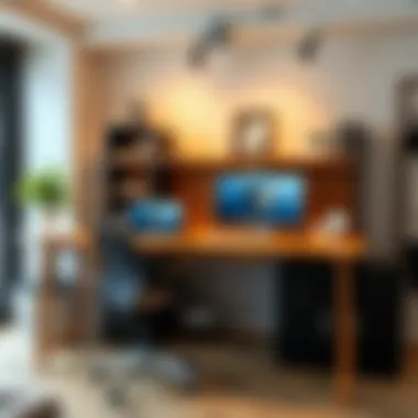 A well-organized large desk showcasing ergonomic features