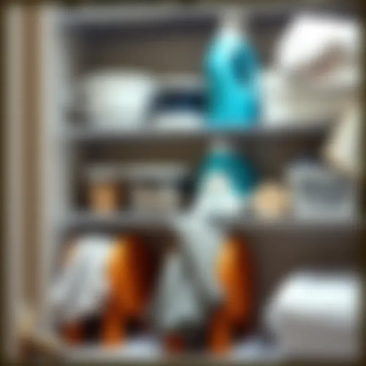 Organized shelves with various laundry items on a wire rack