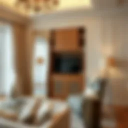 A stylish floor length mirror with built-in storage compartments in a chic living room.