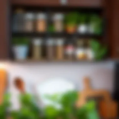 Creative use of a spice rack for displaying herbs and small plants