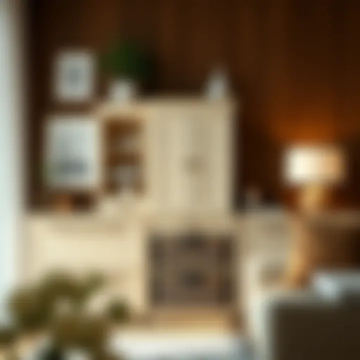 Aesthetic arrangement of off white wood file cabinet with decorative items