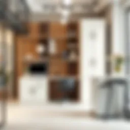 Stylish off white wood file cabinet in a modern office setting