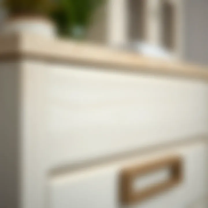 Close-up of off white wood file cabinet showcasing its texture and finish