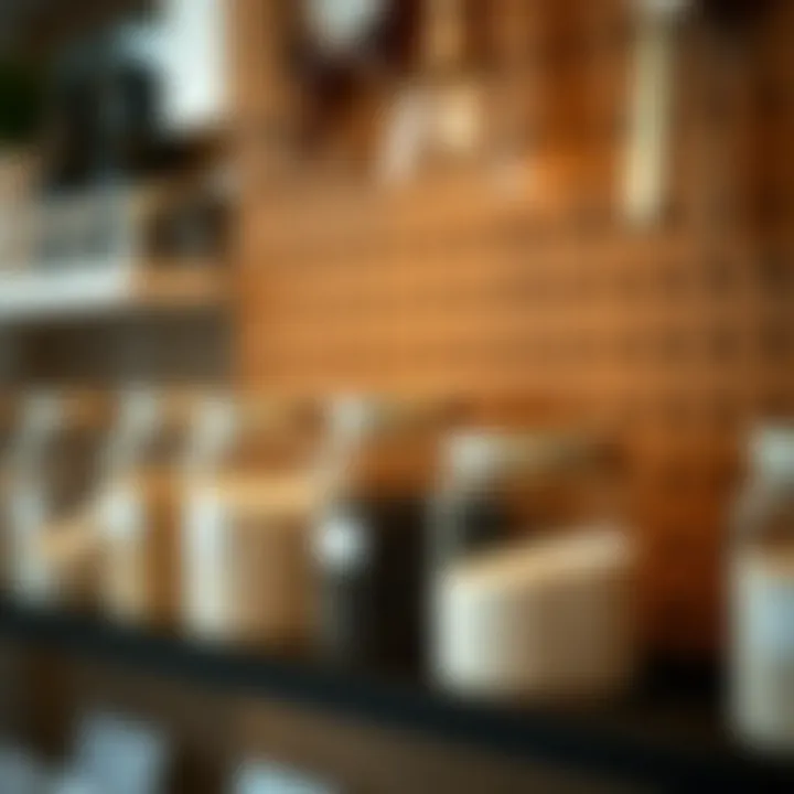 Elegant Display of Pegboard Storage Jars Elegant pegboard storage jars showcasing a modern home organization aesthetic